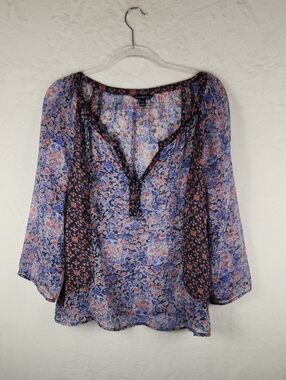 American Eagle Outfitters Boho‎ Floral Print Purple Sheer V Neck Peasant Top XL